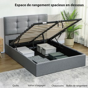 Cama com arrumação 140x190 (COLCHÃO NÃO INCLUIDO), estrutura de cama de casal estofada com base de ripas de madeira e arrumação oculta, sem colchão, c