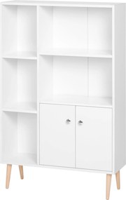 Estante escandinava, móvel de arrumação, 80 x 23,5 x 123 cm, 5 compartimentos abertos, armário com 2 portas, pés cónicos inclinados, madeira maciça, p