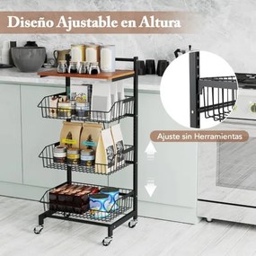 Carrinho de arrumação de cozinha de 4 níveis com rodas Altura ajustável e cestos amovíveis 40 x 31 x 88 cm Preto/castanho