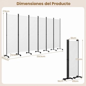 Biombo Separador de Espaço Dobrável de 6 Painéis, 331,5 x 35,5 x 173 cm, Rodas com Travão, Branco