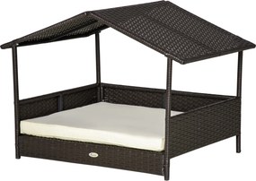 PawHut Rattan Cama para Cães para Exterior com Teto, Cama Elevada para Cães 69 x 98 x 70 cm Cama Refrescante para Animais de Estimação com Estrutura Metálica, Almofadas Removíveis para Cães Pequenos e Médios, Café-Marrom | Aosom Portugal