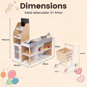 Conjunto de Loja Infantil com Carrinho de Compras e Caixa Registadora, 90 x 62,5 x 110,5 cm, Estrutura de Madeira, Natural