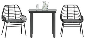 3 pcs conjunto jantar jardim almofadões vime PE vidro preto