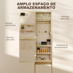 Espelho Joalheiro com Luzes LED Armário para Joias com Ângulo Ajustável  Prateleiras Ranuras para Anéis 36x30x136 cm Madeira