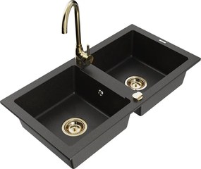 Mexen Mario lava-louça de granito de 2 cubas com torneira de cozinha Telma, preto/dourado - 6504-75-670200-50