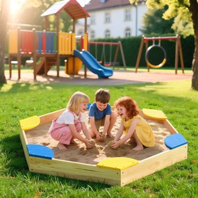Caixa de areia hexagonal de madeira para crianças 140 x 122 x 14 cm combinada com vaso aberto e 6 assentos para pátio exterior para crianças com mais