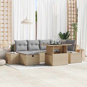 vidaXL Conjunto de Sofás de Jardim de 7 Peças com Almofadas Bege em Rattan Sintético.