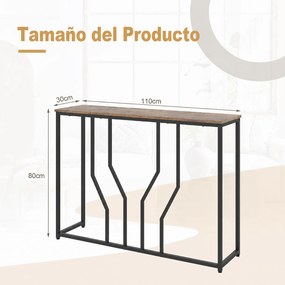 Mesa de Consola Industrial, 110 x 30 x 80 cm, Estrutura Metálica Resistente, Castanho+Preto