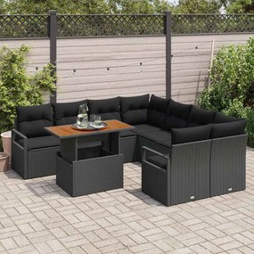 Conjunto de Sofá de Jardim com almofada Manual 9 pcs Preto Padrão Vime