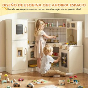 Cozinha de Brinquedo de Canto, 134 x 71 x 90 cm, Torneira com Circulação de Água, Bege