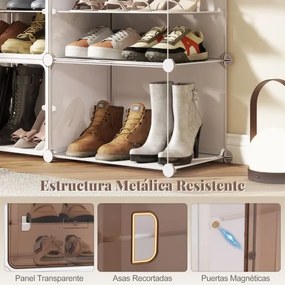 Sapateira com 10 compartimentos 95 x 32 x 155 cm com prateleiras removíveis Ganchos laterais e portas magnéticas branco