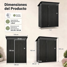 Abrigo de Jardim Metálico, 150 x 89 x 185 cm, Telhado Inclinado, Cinzento-escuro