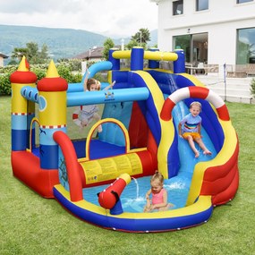 Castelo insuflável com compressor de 450 W Parque aquático infantil 6 em 1 com escorrega Área para saltar Piscina em forma de barco 360 x 290 x 200 cm
