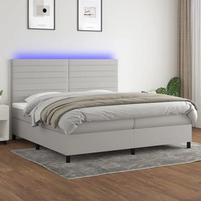 Cama box spring c/ colchão e LED 200x200 cm tecido cinza-claro