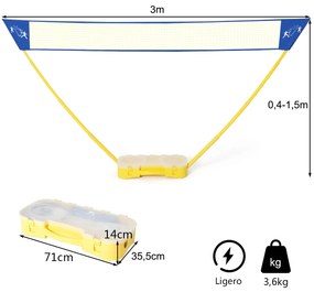Conjunto com rede de badminton 3 x 1,5 m portátil com 2 raquetes e 2 penas, fácil de montar, para praia ou jardim, amarelo e azul