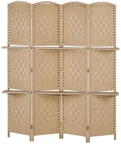 HOMCOM Biombo de 4 Painéis 160x170 cm Separador de Ambientes Dobrável com 2 Prateleiras de Exibição para Escritório Quarto Natural