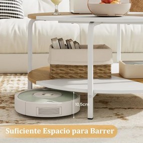 Mesa redonda de centro 80 cm de 2 níveis com prateleira e estrutura metálica Branco e Natural