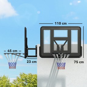 Tabela de Basquetebol de Parede para Interior e Exterior com Painel Inquebrável de 110x75 cm e Rede Resistente a Rasgos Preto
