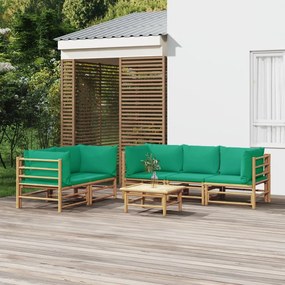 vidaXL 6 pcs conjunto lounge de jardim bambu c/ almofadões verdes