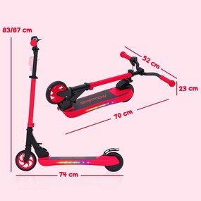 Trotinete Elétrica Dobrável para Crianças 120 W Autonomia 6 km e Máximo 10 km/h com Travão Luzes LED 74x52x83-87 cm Vermelho