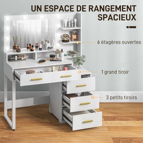 Toucador com espelho e 9 luzes LED, 4 gavetas e 6 compartimentos abertos, 100 x 40 x 138 cm, branco