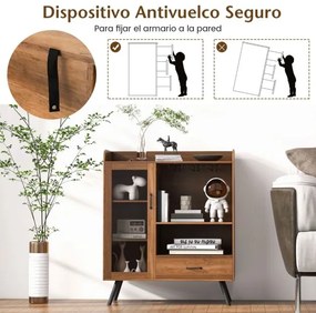 Garrafeira para vinhos Armário para licores com porta e gaveta Estante para vinhos e suporte para copos para cozinha Bar castanho 80 x 40 x 95 cm cast