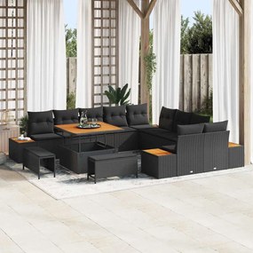 vidaXL Conjunto de Sofá de Jardim com 13 Peças e Almofadas Preto Rattan Sintético Acácia
