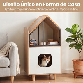 Móvel para Gato com Refúgio e Armário para caixa areia (CAIXA AREIA NÃO INCLUIDA), 50 x 48,5 x 100 cm, Design de Dois Níveis, Natural e Branco