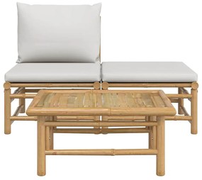 3 pcs conj. lounge de jardim bambu c/ almofadões cinzento-claro