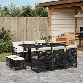 11 pcs conjunto de jantar p/ jardim c/ almofadões vime PE preto
