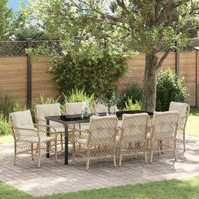 vidaXL Conjunto de Jantar com 9 Peças com Almofadas Bege Rattan Poliéster