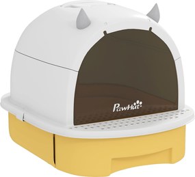PawHut Caixa de Areia para Gatos Fechada com Tampa e Bandeja Amovíveis Filtro de Carvão e Pá 40,5x52x39 cm Branco e Amarelo | Aosom Portugal