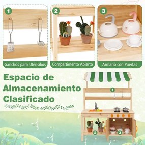 Cozinha de brincar de exterior para crianças em madeira de abeto com lava-loiça no teto 4 fogões com puxadores rotativos Natural