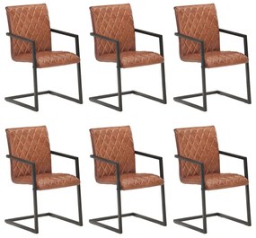 vidaXL Cadeiras de jantar cantilever 6 pcs couro genuíno castanho