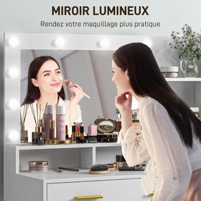 Toucador com espelho e 9 luzes LED, 4 gavetas e 6 compartimentos abertos, 100 x 40 x 138 cm, branco