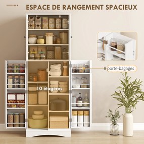 Armário de cozinha  60 x 40 x 162 cm com vitrina em acrílico, 4 portas, 10 compartimentos, 8 suportes para prateleiras, branco