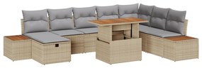 Conjunto de Sofá de Jardim de 9 Peças com Almofadas Bege Rattan Poliés