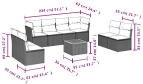 9 pcs conjunto sofás p/ jardim com almofadões vime PE cinzento