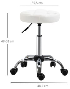 HOMCOM Banco Giratório com Rodas Altura Ajustável entre 48-63cm Banco de Trabalho Estofado em Couro PU para Salão Dentista Diâmetro Ø35,5cm Branco