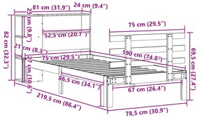 Cama com estante sem colchão 75x190 cm pinho maciço branco