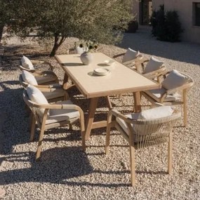 Conjunto De Mesa Retangular 200x100 Cm E 8 Cadeiras De Jardim Em Madeira De Acácia Dubai Tapioca Bege & Tecido Gardénia Branco - Sklum