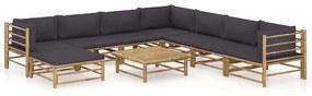 vidaXL 9 pcs conj. lounge jardim em bambu c/ almofadões cinza-escuro