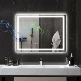 Espelho de casa de banho com LED e Bluetooth, 60 x 80 cm, interruptor tátil, iluminação regulável, 3 cores, antiembaciamento, memória, prateado