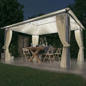 Gazebo com cortinas e cordões de luzes LED 4x3 m alumínio creme