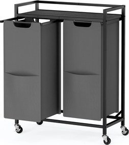 Cesto da roupa suja com 2 compartimentos 63 x 32 x 93 cm, carrinho com prateleira e bolsos preto-cinzento
