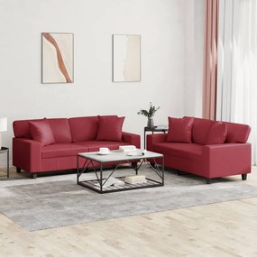 vidaXL 2 pcs conjunto sofás c/ almofadas couro artif. vermelho tinto