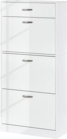 Sapateira com 3 portas basculantes e gaveta deslizante - 62 x 24 x 135 cm - puxadores em alumínio. Painéis em aglomerado branco