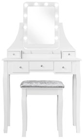 Mesa de toucador com espelho rectangular e banco com 10 lâmpadas LED 80 x 40 x 135,5 cm Branco