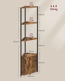 Estante de canto com 5 prateleiras 25,4 x 44,5 x 147,3 cm em castanho vintage e preto