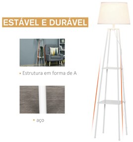 Lâmpada de pé Tripé de metal Soquete E27 de Máximo 40W com tela de linho e prateleira de 2 níveis 35,5x35,5x158 cm Branco